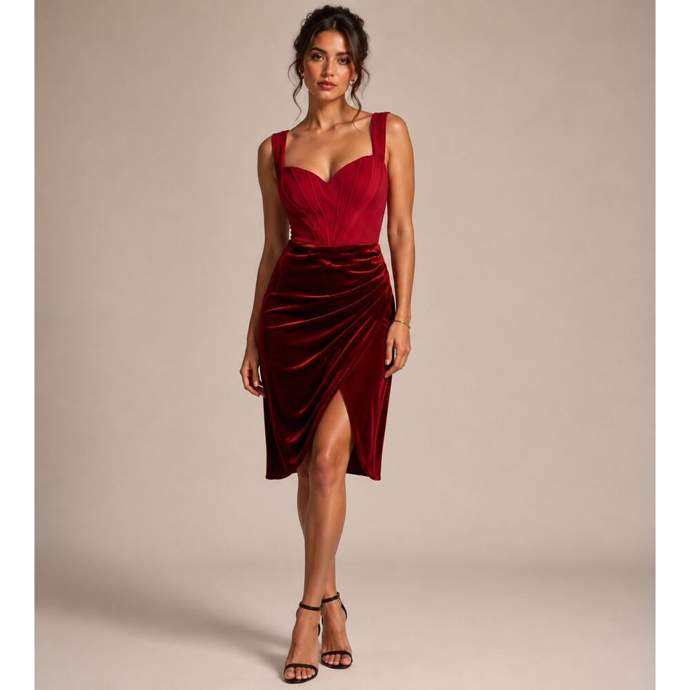 Azazie Velvet Dress Womens 14 Red/Burgundy Corset Ruched Cocktail Party Formal